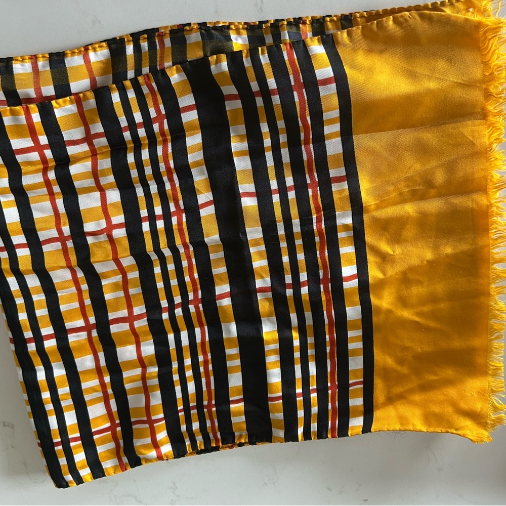 Vintage 1960s Italian 100% silk scarf featuring a tartan/plaid/mod pattern